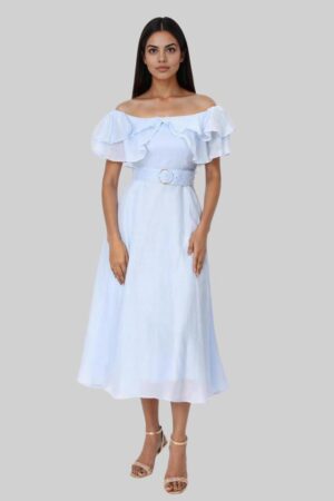 Off Shoulder Blended Fabric Women's Calf Length Dress