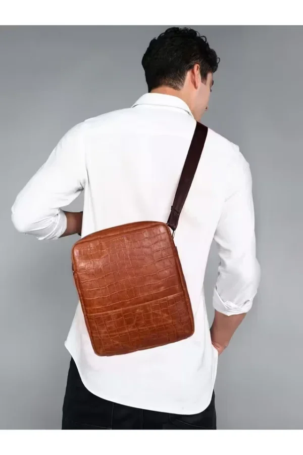 SASSORA687_TAN_alt8.webp Eefa Animal Print Pure Leather Zipper Closure Men's Sling Bag